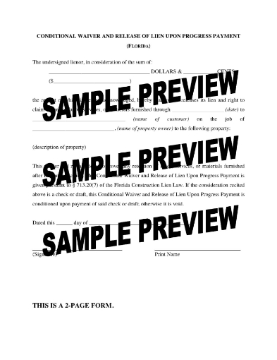 Florida Conditional Waiver and Release of Lien - Progress Payment