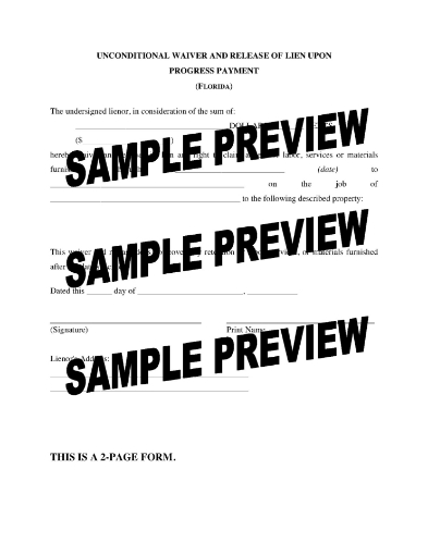 Florida Unconditional Lien Waiver and Release - Progress Payment