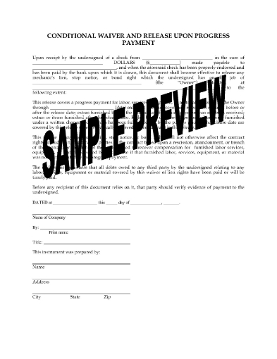 Colorado Conditional Lien Waiver and Release - Progress