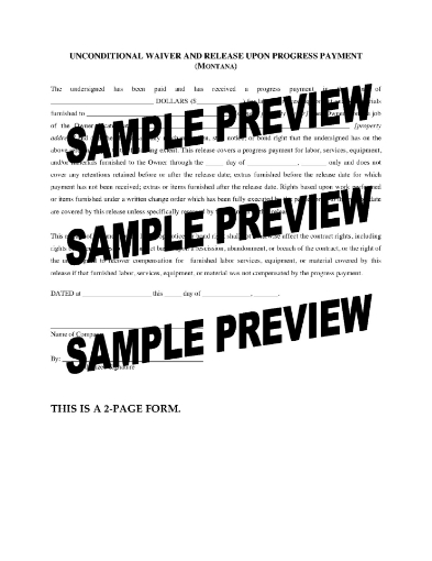 Montana Unconditional Lien Waiver and Release on Progress Payment