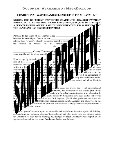Tennessee Conditional Lien Waiver and Release on Final Payment