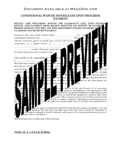Tennessee Conditional Lien Waiver and Release on Progress Payment