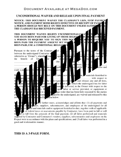 Tennessee Unconditional Lien Waiver and Release on Final Payment