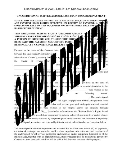 Tennessee Unconditional Lien Waiver and Release on Progress Payment