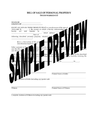USA Warranty Bill of Sale for Personal Property