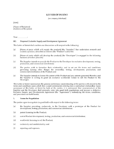 Letter of Intent for Exclusive Supply and Development