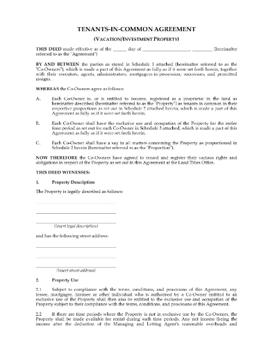 Australia Tenants in Common Agreement for Investment Property
