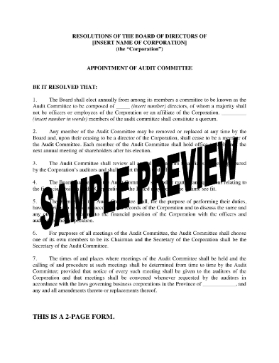 Directors resolutions for a Canadian corporation to form an audit committee