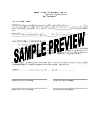 Picture of Canada Directors Resolution Authorizing Execution of Lease