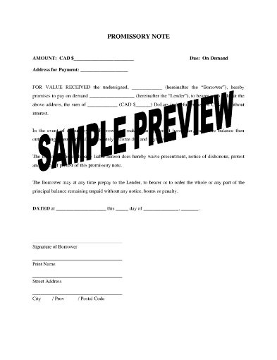 Canada Promissory Note for Interest-Free Loan