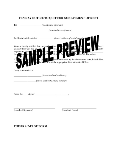 Pennsylvania 10 Day Notice to Quit for Nonpayment of Rent