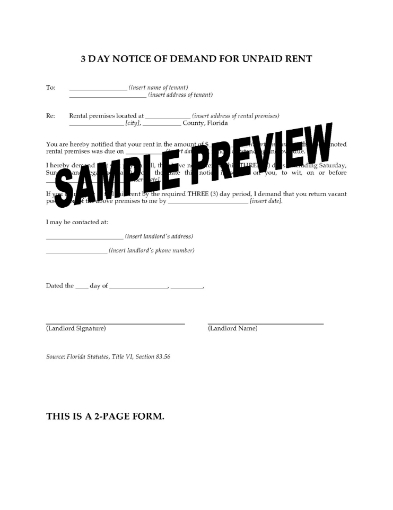 Florida 3 Day Notice of Demand for Unpaid Rent