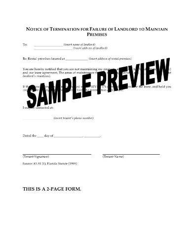 Florida Notice of Termination for Landlord Failure to Maintain Premises