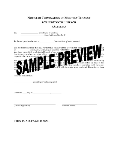 Alberta Notice of Termination by Tenant (Breach by Landlord)
