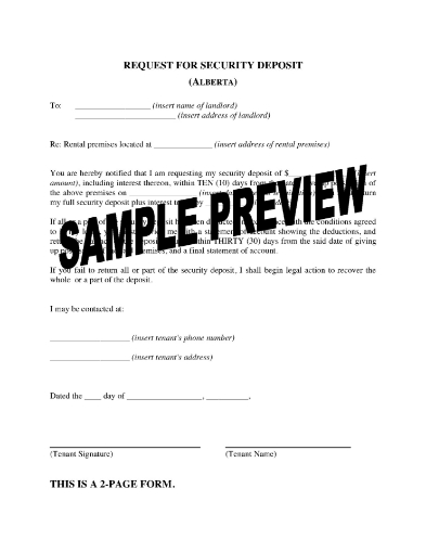 Alberta Tenant Request for Security Deposit