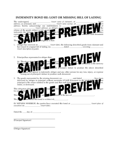 Picture of Indemnity Bond re Lost or Missing Bill of Lading