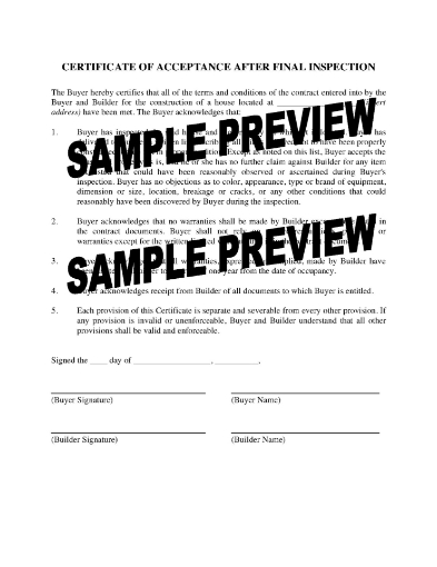 Buyer's Certificate of Acceptance After Final Inspection