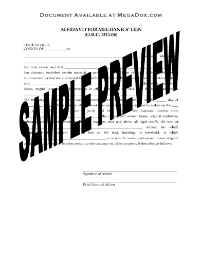 Ohio Affidavit for Mechanics Lien