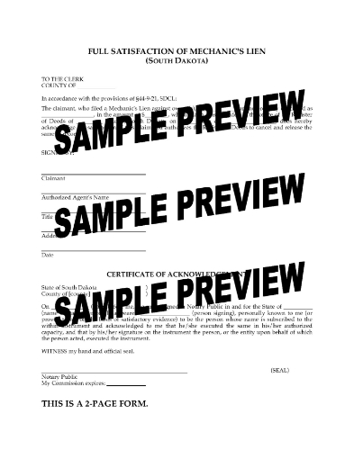 South Dakota Full Satisfaction of Mechanic's Lien