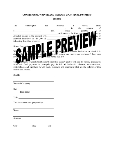 Idaho Lien Waiver and Release Forms Package
