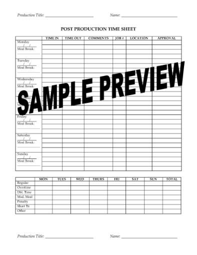 Picture of Post Production Time Sheet for Film Shoot