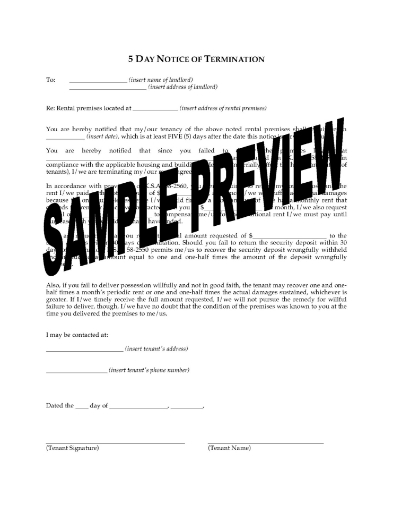 Kansas 5 Day Notice of Termination by Tenant for Failure to Deliver