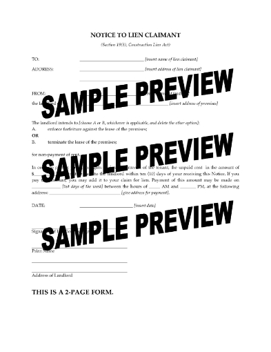 Ontario Notice to Lien Claimant by Landlord