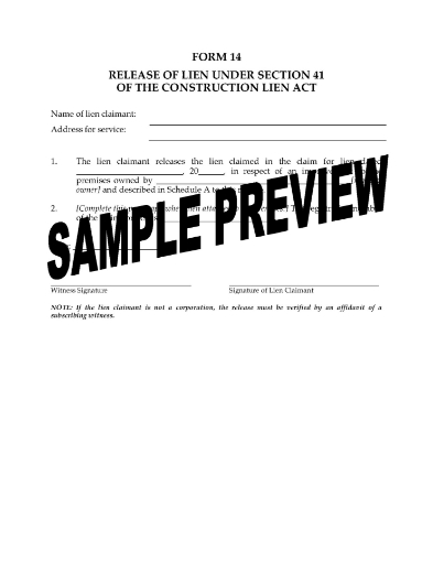 Ontario Release of Lien under Section 41 of Construction Lien Act