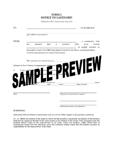 Ontario Form 2 Notice to Landlord
