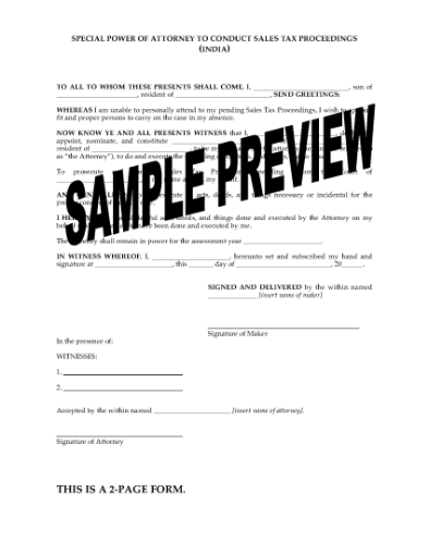 Picture of India Special Power of Attorney to Conduct Sales Tax Proceeding