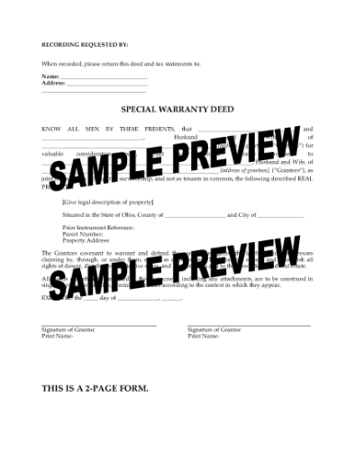 Picture of Ohio Special Warranty Deed for Joint Tenants