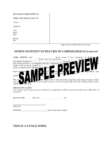 Colorado Notice of Intent to File Lien - Corporation