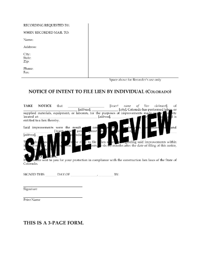 Colorado Notice of Intent to File Lien - Individual