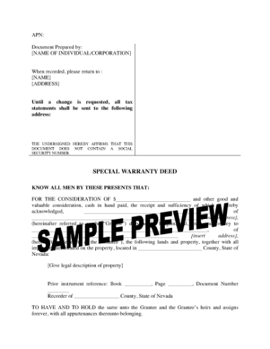 Picture of Nevada Special Warranty Deed