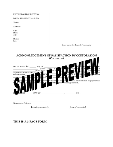 Colorado Acknowledgement of Satisfaction of Lien - Corporation