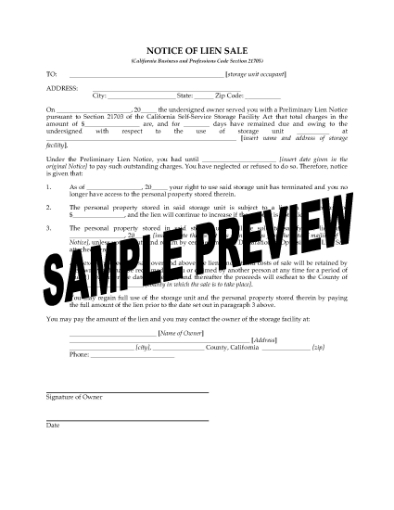 Picture of California Notice of Lien Sale Forms