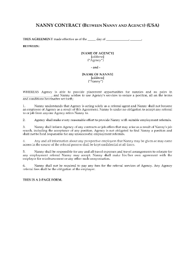 USA Referral Contract for Nanny or Au Pair