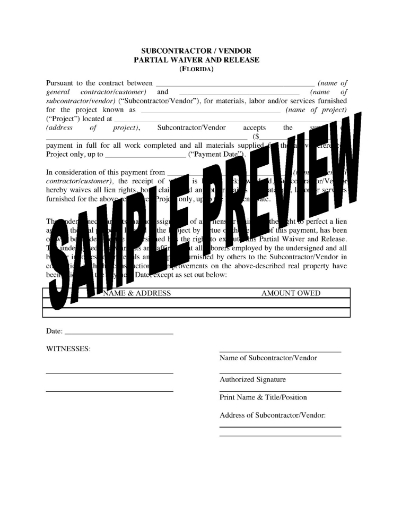 Florida Subcontractor / Vendor Lien Waiver and Release Forms