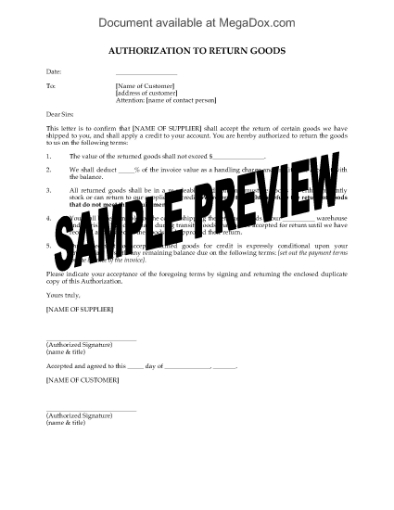 Picture of Authorization to Return Goods