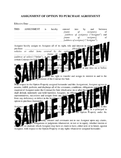 USA Assignment of your rights under an option to purchase agreement for personal property