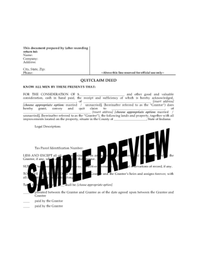 Picture of Indiana Quitclaim Deed from Husband and Wife to Individual