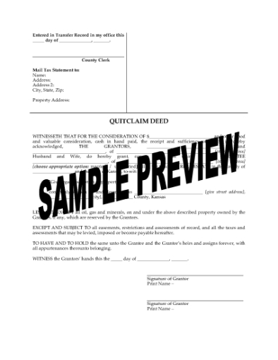 Picture of Kansas Quitclaim Deed from Husband and Wife to Individual