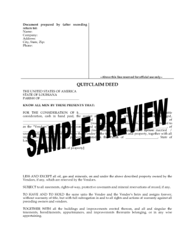 Picture of Louisiana Quitclaim Deed from Husband and Wife to Individual