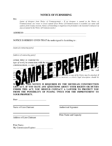 Michigan Notice of Furnishing Form
