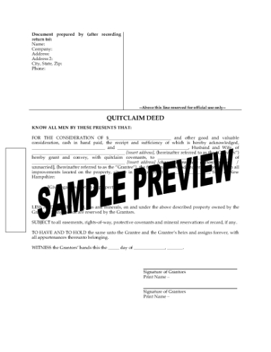 Picture of New Hampshire Quitclaim Deed from Husband and Wife to Individual