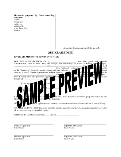 Picture of Ohio Quitclaim Deed from Husband and Wife to Individual