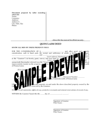 Picture of Pennsylvania Quitclaim Deed from Husband and Wife to Individual