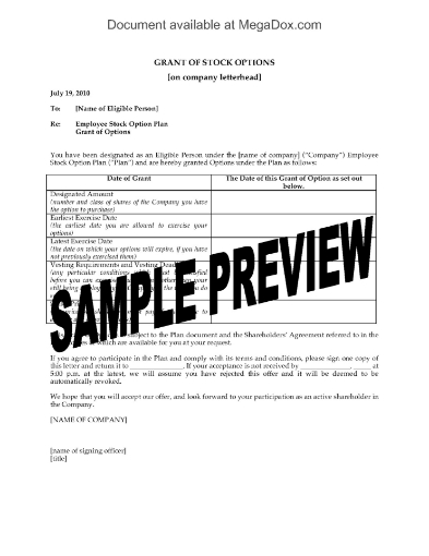 Notice to employees that they have been granted stock options