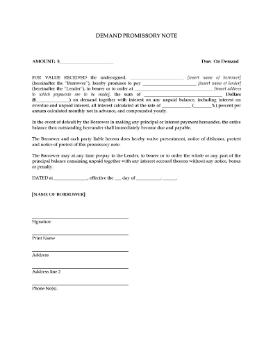 Template form to prepare a demand promissory note for loan repayment