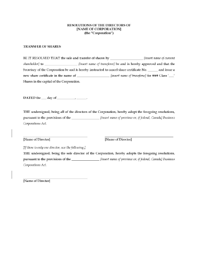 Directors resolution to approve a transfer of shares in a Canadian corporation